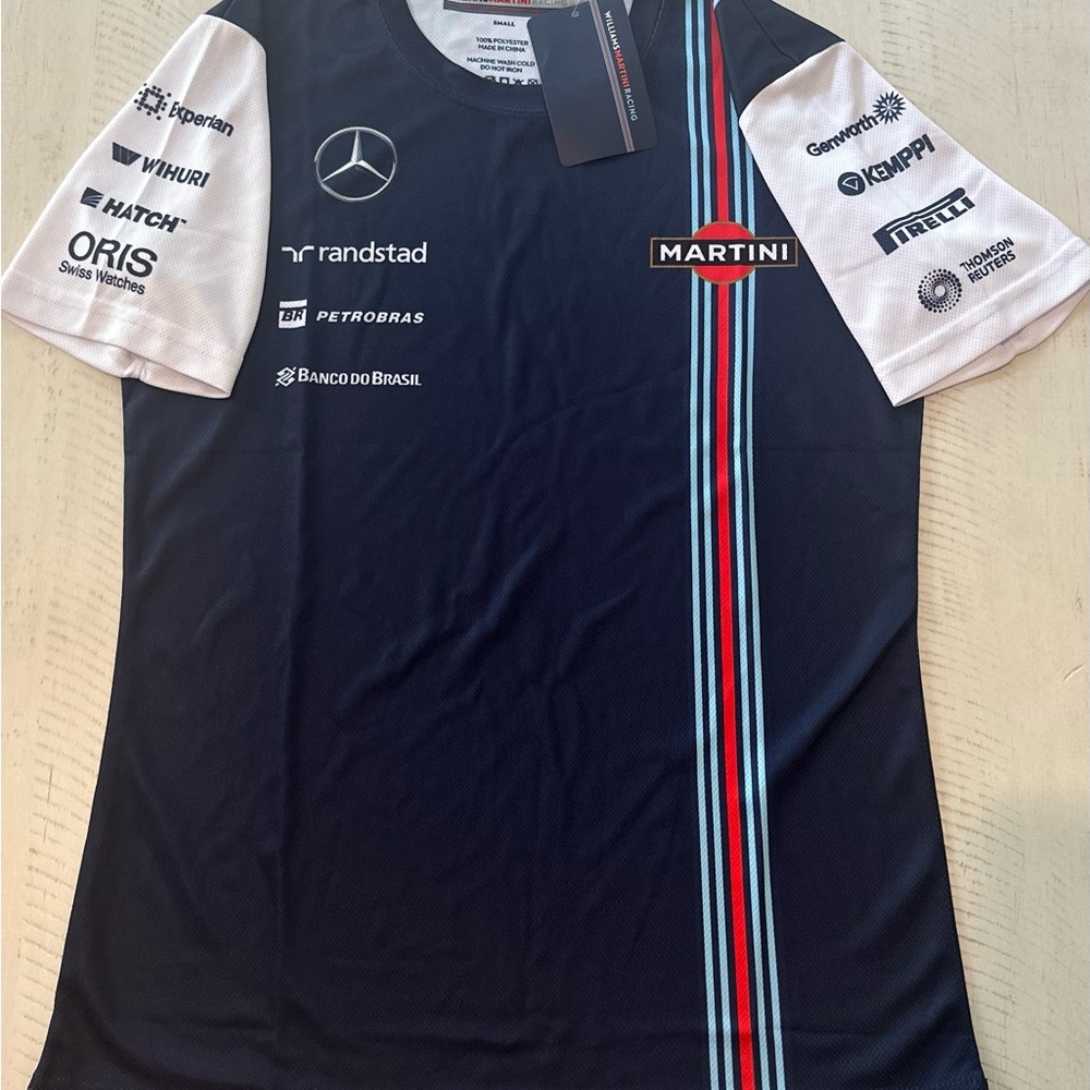 Blue and White Mercedes F1 Jersey with Racing Stripes